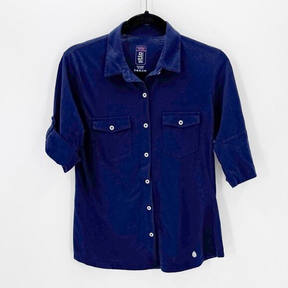 Stio Divide navy blue button up roll tab sleeve 2 quarters size M lightweight - Picture 1 of 5